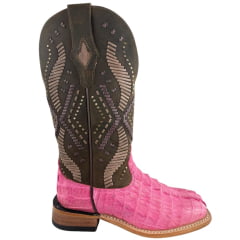 Bota Texana Feminina Goyazes Bico Quadrado Ranch Couro De Jacaré Pink Dallas Cano Marrom Bordado 266401-JC