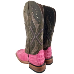 Bota Texana Feminina Goyazes Bico Quadrado Ranch Couro De Jacaré Pink Dallas Cano Marrom Bordado 266401-JC