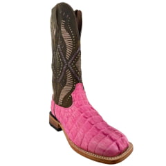 Bota Texana Feminina Goyazes Bico Quadrado Ranch Couro De Jacaré Pink Dallas Cano Marrom Bordado 266401-JC