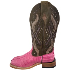 Bota Texana Feminina Goyazes Bico Quadrado Ranch Couro De Jacaré Pink Dallas Cano Marrom Bordado 266401-JC