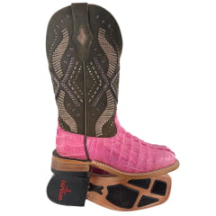 Bota Texana Feminina Goyazes Bico Quadrado Ranch Couro De Jacaré Pink Dallas Cano Marrom Bordado 266401-JC