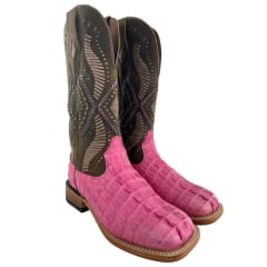 Bota Texana Feminina Goyazes Bico Quadrado Ranch Couro De Jacaré Pink Dallas Cano Marrom Bordado 266401-JC
