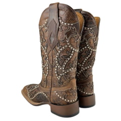 Bota Texana Feminina Goyazes Bico Quadrado Ranch Flare Couro Dallas Tabaco Com Rebite Ref: 246405-CF_04