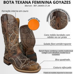 Bota Texana Feminina Goyazes Bico Quadrado Ranch Flare Couro Dallas Tabaco Com Rebite Ref: 246405-CF_04