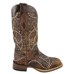 Bota Texana Feminina Goyazes Bico Quadrado Ranch Flare Couro Dallas Tabaco Com Rebite Ref: 246405-CF_04