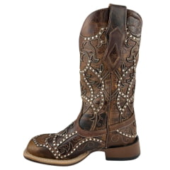 Bota Texana Feminina Goyazes Bico Quadrado Ranch Flare Couro Dallas Tabaco Com Rebite Ref: 246405-CF_04