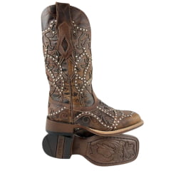 Bota Texana Feminina Goyazes Bico Quadrado Ranch Flare Couro Dallas Tabaco Com Rebite Ref: 246405-CF_04