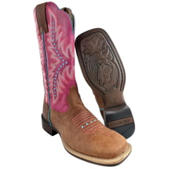 Bota Texana Feminina Goyazes Bico Quadrado Ranch Flare Couro Dallas Terra/Atlanta E Pink Tachinha Azul Ref: 256402-CF-02