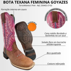 Bota Texana Feminina Goyazes Bico Quadrado Ranch Flare Couro Dallas Terra/Atlanta E Pink Tachinha Azul Ref: 256402-CF-02