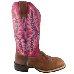 Bota Texana Feminina Goyazes Bico Quadrado Ranch Flare Couro Dallas Terra/Atlanta E Pink Tachinha Azul Ref: 256402-CF-02