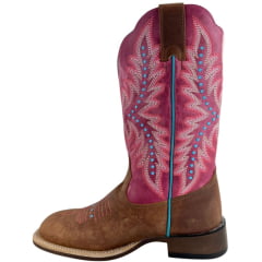 Bota Texana Feminina Goyazes Bico Quadrado Ranch Flare Couro Dallas Terra/Atlanta E Pink Tachinha Azul Ref: 256402-CF-02