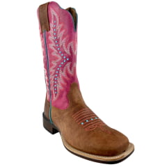 Bota Texana Feminina Goyazes Bico Quadrado Ranch Flare Couro Dallas Terra/Atlanta E Pink Tachinha Azul Ref: 256402-CF-02