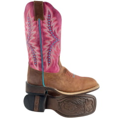 Bota Texana Feminina Goyazes Bico Quadrado Ranch Flare Couro Dallas Terra/Atlanta E Pink Tachinha Azul Ref: 256402-CF-02