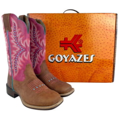 Bota Texana Feminina Goyazes Bico Quadrado Ranch Flare Couro Dallas Terra/Atlanta E Pink Tachinha Azul Ref: 256402-CF-02