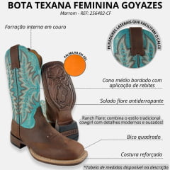 Bota Texana Feminina Goyazes Bico Quadrado Ranch Flare Couro Flex Café E Azul Ref: 256402-CF