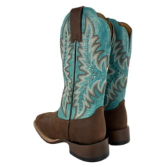 Bota Texana Feminina Goyazes Bico Quadrado Ranch Flare Couro Flex Café E Azul Ref: 256402-CF