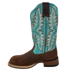 Bota Texana Feminina Goyazes Bico Quadrado Ranch Flare Couro Flex Café E Azul Ref: 256402-CF