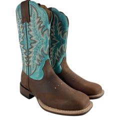 Bota Texana Feminina Goyazes Bico Quadrado Ranch Flare Couro Flex Café E Azul Ref: 256402-CF