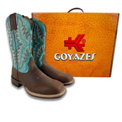 Bota Texana Feminina Goyazes Bico Quadrado Ranch Flare Couro Flex Café E Azul Ref: 256402-CF