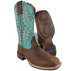 Bota Texana Feminina Goyazes Bico Quadrado Ranch Flare Couro Flex Café E Azul Ref: 256402-CF
