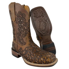 Bota Texana Feminina Goyazes Bico Quadrado Ranch Flare Couro Havana Café Ref: 256401-CF