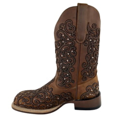 Bota Texana Feminina Goyazes Bico Quadrado Ranch Flare Couro Havana Café Ref: 256401-CF