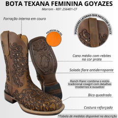 Bota Texana Feminina Goyazes Bico Quadrado Ranch Flare Couro Havana Café Ref: 256401-CF