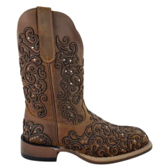 Bota Texana Feminina Goyazes Bico Quadrado Ranch Flare Couro Havana Café Ref: 256401-CF