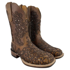 Bota Texana Feminina Goyazes Bico Quadrado Ranch Flare Couro Havana Café Ref: 256401-CF