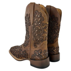 Bota Texana Feminina Goyazes Bico Quadrado Ranch Flare Couro Havana Café Ref: 256401-CF