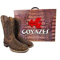 Bota Texana Feminina Goyazes Bico Quadrado Ranch Flare Couro Havana Café Ref: 256401-CF