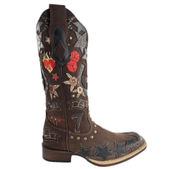 Bota Texana Feminina Goyazes Bico Quadrado Solado Power Couro Waterproof Bordados Ref:263201-CHP-07