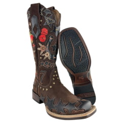 Bota Texana Feminina Goyazes Bico Quadrado Solado Power Couro Waterproof Bordados Ref:263201-CHP-07
