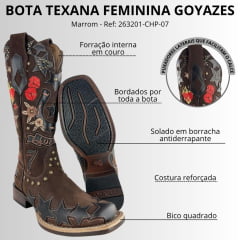 Bota Texana Feminina Goyazes Bico Quadrado Solado Power Couro Waterproof Bordados Ref:263201-CHP-07