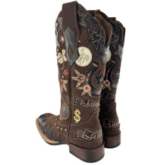 Bota Texana Feminina Goyazes Bico Quadrado Solado Power Couro Waterproof Bordados Ref:263201-CHP-07