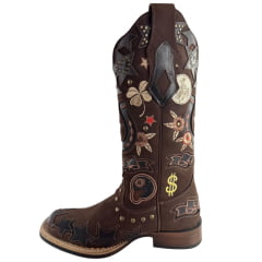 Bota Texana Feminina Goyazes Bico Quadrado Solado Power Couro Waterproof Bordados Ref:263201-CHP-07