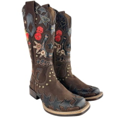 Bota Texana Feminina Goyazes Bico Quadrado Solado Power Couro Waterproof Bordados Ref:263201-CHP-07