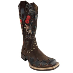 Bota Texana Feminina Goyazes Bico Quadrado Solado Power Couro Waterproof Bordados Ref:263201-CHP-07