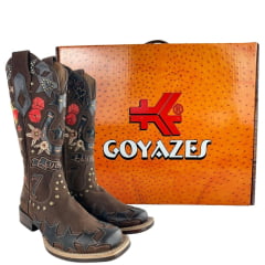 Bota Texana Feminina Goyazes Bico Quadrado Solado Power Couro Waterproof Bordados Ref:263201-CHP-07