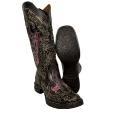 Bota Texana Feminina Goyazes Couro Atlanta Café Solado Jump Bordados Coloridos E Rosa REF: 243205-CJ