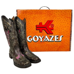 Bota Texana Feminina Goyazes Couro Atlanta Café Solado Jump Bordados Coloridos E Rosa REF: 243205-CJ