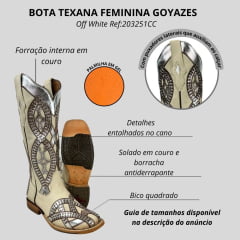 Bota Texana Feminina Goyazes Couro Austin Off White/Austin Off White Bico Quadrado Com Detalhes Prata Ref:203251 CC