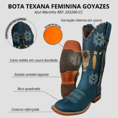 Bota Texana Feminina Goyazes Couro Bufalo Marinho Bico Quadrado Ref: 203260-CC