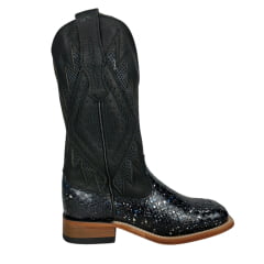 Bota Texana Feminina Goyazes Couro Cobra Pyton Estrelado Pitstop Preto Bico Quadrado Ref: 236401-CCC