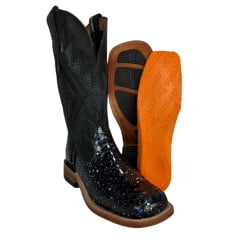 Bota Texana Feminina Goyazes Couro Cobra Pyton Estrelado Pitstop Preto Bico Quadrado Ref: 236401-CCC