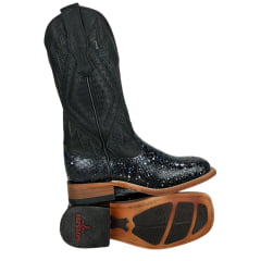 Bota Texana Feminina Goyazes Couro Cobra Pyton Estrelado Pitstop Preto Bico Quadrado Ref: 236401-CCC