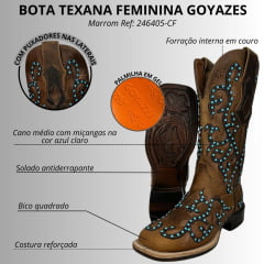 Bota Texana Feminina Goyazes Couro Dallas Bico Quadrado Com Miçangas Azul Claro Ref: 246405-CF