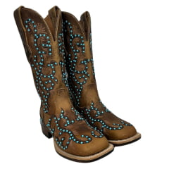 Bota Texana Feminina Goyazes Couro Dallas Bico Quadrado Com Miçangas Azul Claro Ref: 246405-CF