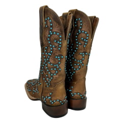 Bota Texana Feminina Goyazes Couro Dallas Bico Quadrado Com Miçangas Azul Claro Ref: 246405-CF