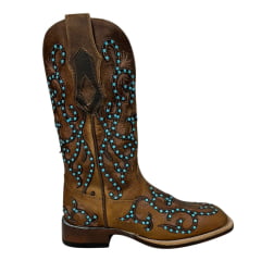 Bota Texana Feminina Goyazes Couro Dallas Bico Quadrado Com Miçangas Azul Claro Ref: 246405-CF